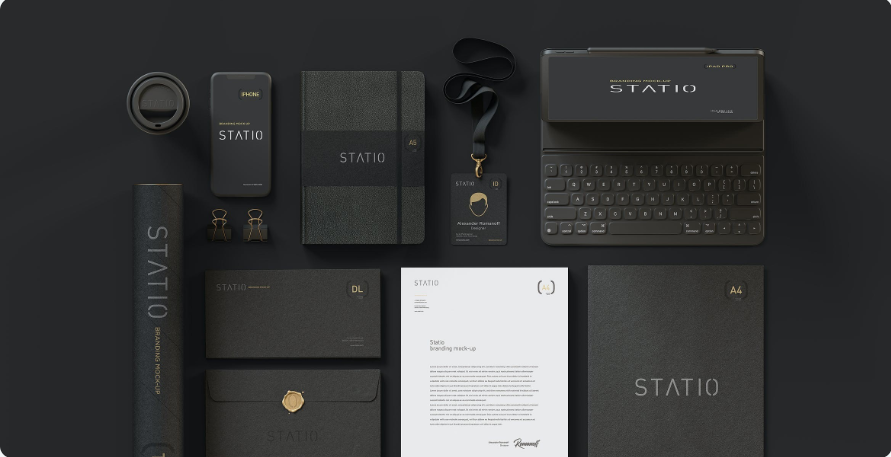 a0e80f74-31ed-4daa-8efb-5111dd23a5f3 High-end black and gold flat VI packaging mockup template, complete set of business office scene VI visual packaging mockup PSD original file download.(Supports custom designs) - Image 1